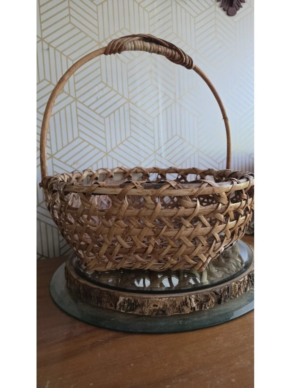 Vintage Woven Bamboo Splint and Wicker Gathering Basket Lg Arched Handle 15